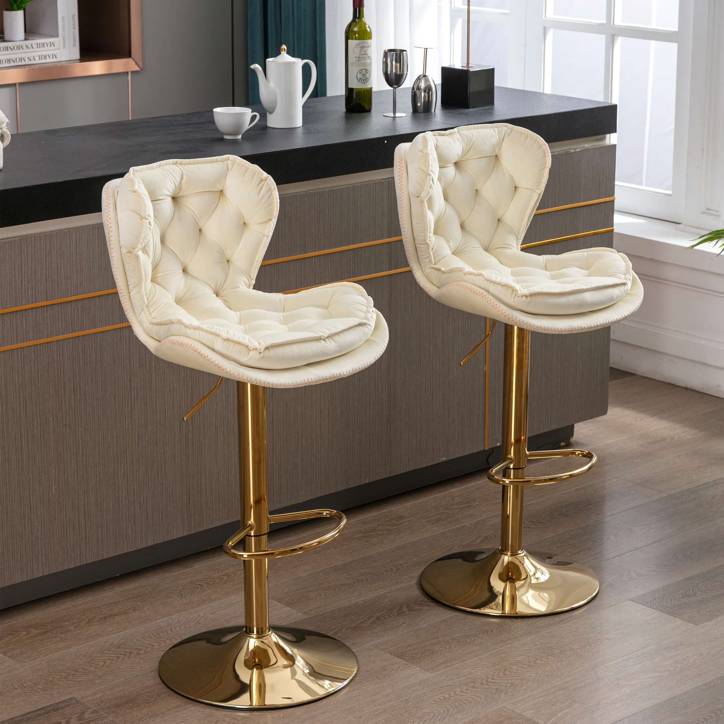 Set of 2 Bar Stools with Chrome Footrest and Base Swivel Height